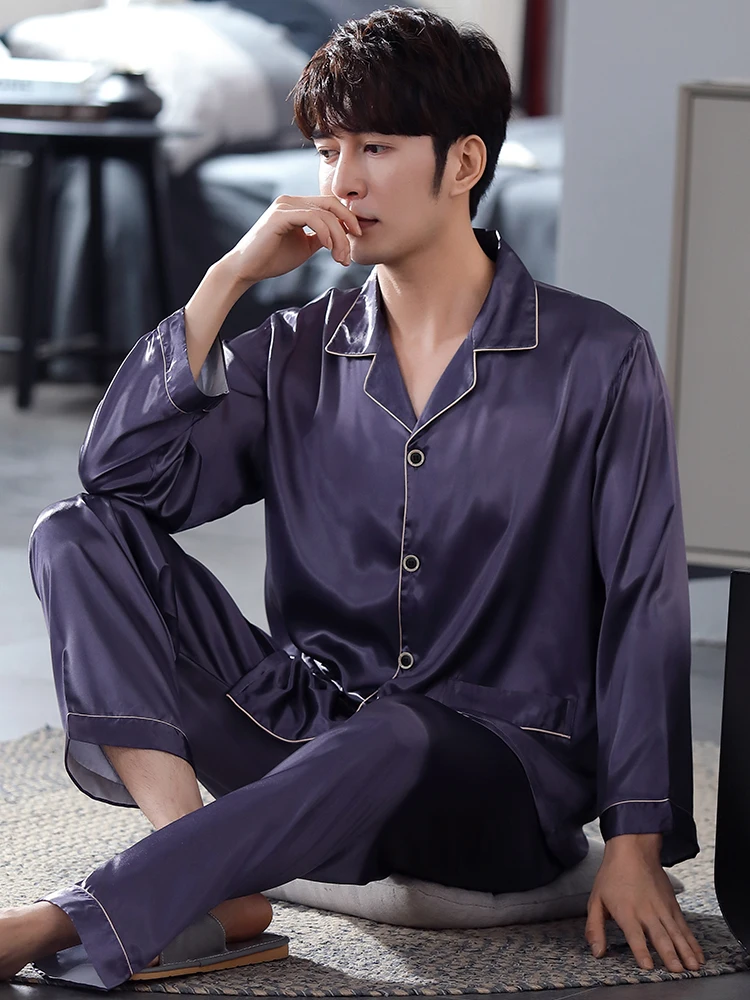 Spring Men Pajamas 2 Pcs Ice Silk Sleepwear Set Solid Home Pants Blue Pijamas Long Sleeve Pjs Bedgown Homme Bedroom Pyjamas Suit