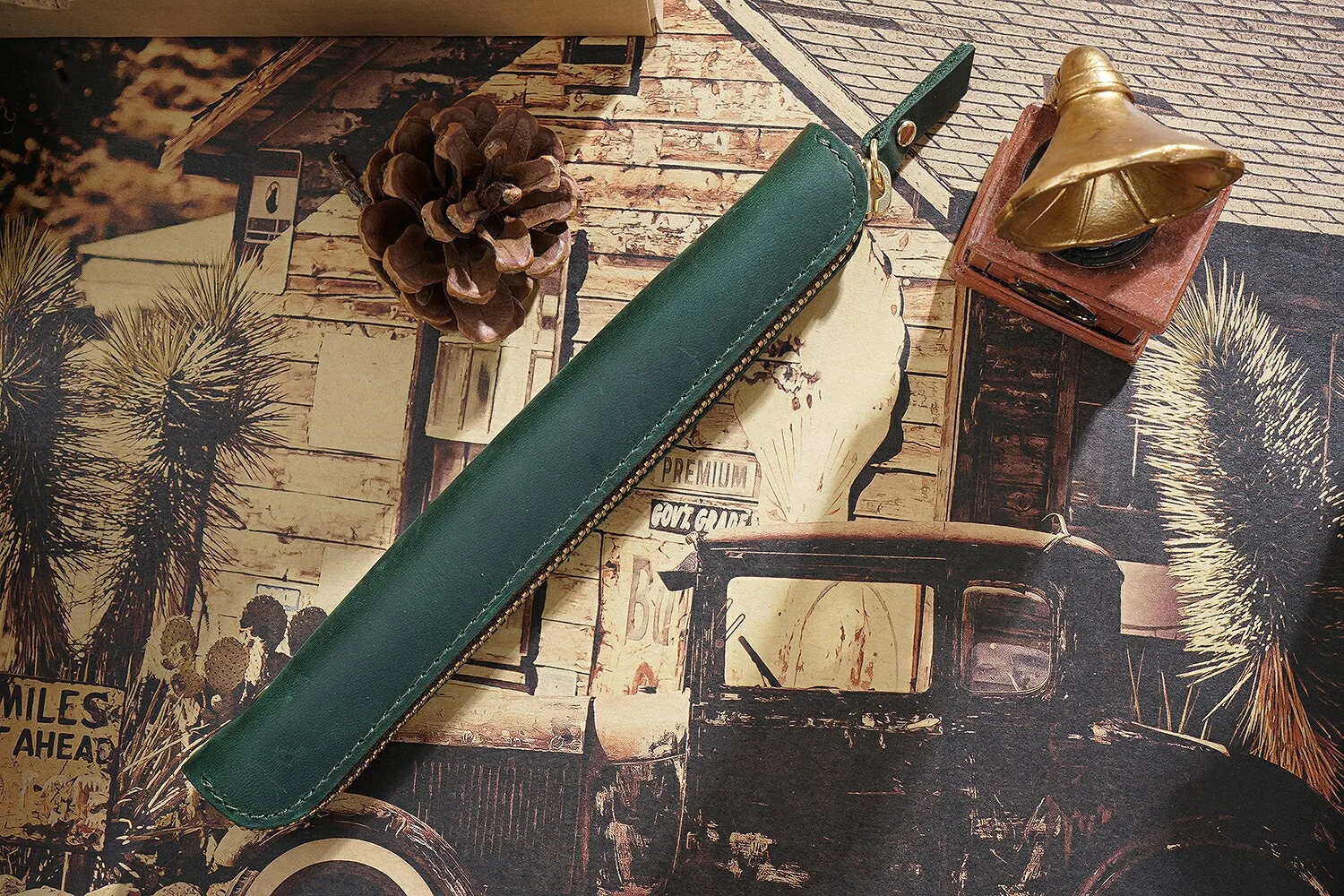 Genuine Leather Zipper Pen Bag Mini Small Pencil Case Apple Electronic Writing Pen Protective Sheath Creative Vintage Style
