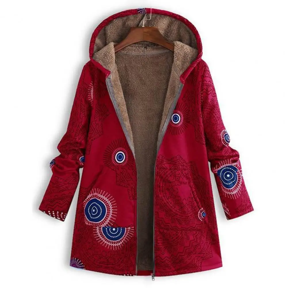 

Women Hooded Coat Unique Printing Loose Vintage Anti-pilling Jacket Coat for Winter