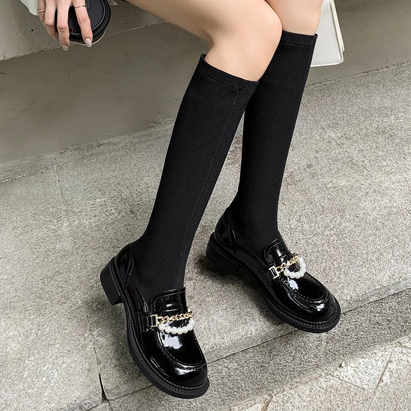 

Women's Leather High Boots Autumn Winter Newest Thick Heels Shoes Woman Heels 2021 Fashion Party Basic Knee High Boots