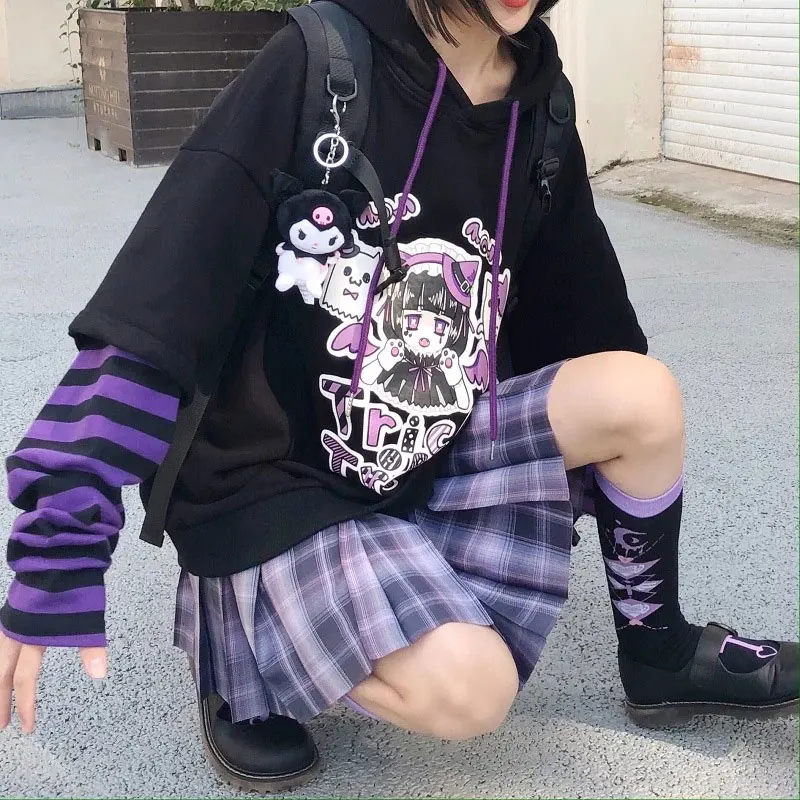 

Autumn Kawaii Clothes Women Lolita Anime Cartoon Long Sleeve Hoodies Harajuku Egirl Hooded Sweatshirt Emo Grunge Tee Top Alt Y2K