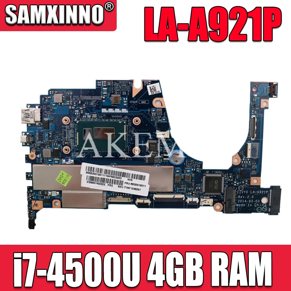 

SAMXINNO For Lenovo YOGA 2 13 Laptop Motherboard LA-A921P with i7-4510U/4500U 1.70GHz CPU 4GB RAM original mothebroard