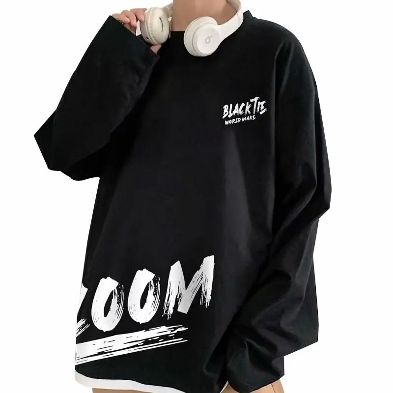 

New Autumn Long-Sleeved Men Bottoming Clothes Loose Tops Blue Black White Color Boom Letter Print Hip-Hop Street Style
