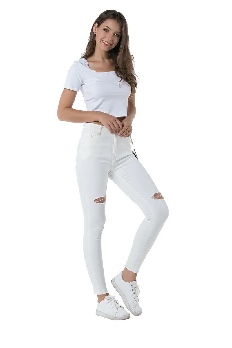 

European and American style jeans women ripped stretch wash slim fit white