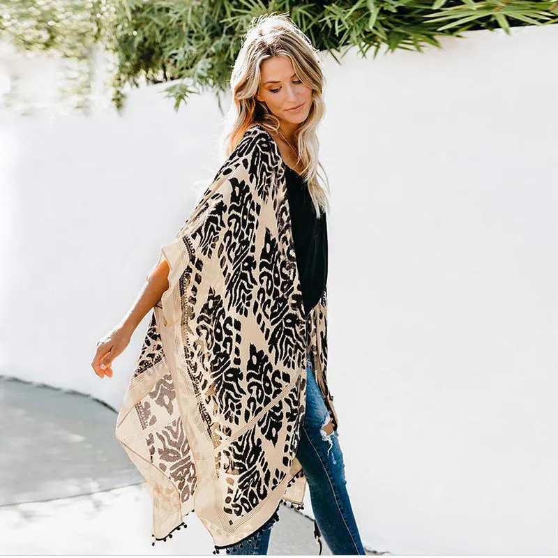 Женский шифоновый кардиган Пляжное платье с V-образным вырезом и принтом |