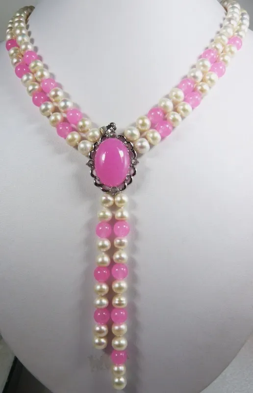 

new arrive beautiful design jewelry white pearl and pink jade necklace