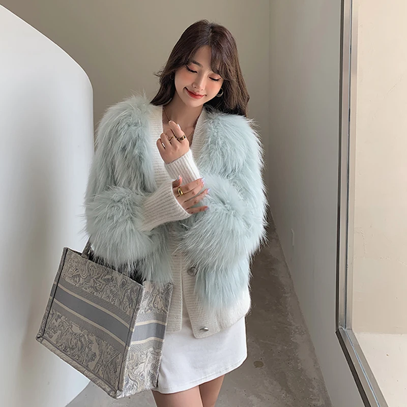 FANIECES Winter Luxury Faux Fur Short Coat Women Long Sleeve Fluffy Warm Coat Jacket Patchwork Imitation Fox Fur Overcoat