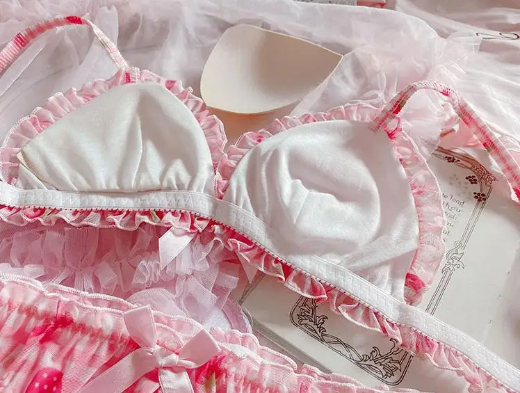 Japanese fairy cute girl Sexy Chiffon ear fungus strawberry lattice thin no steel bra underwear women dessous bra and panty set