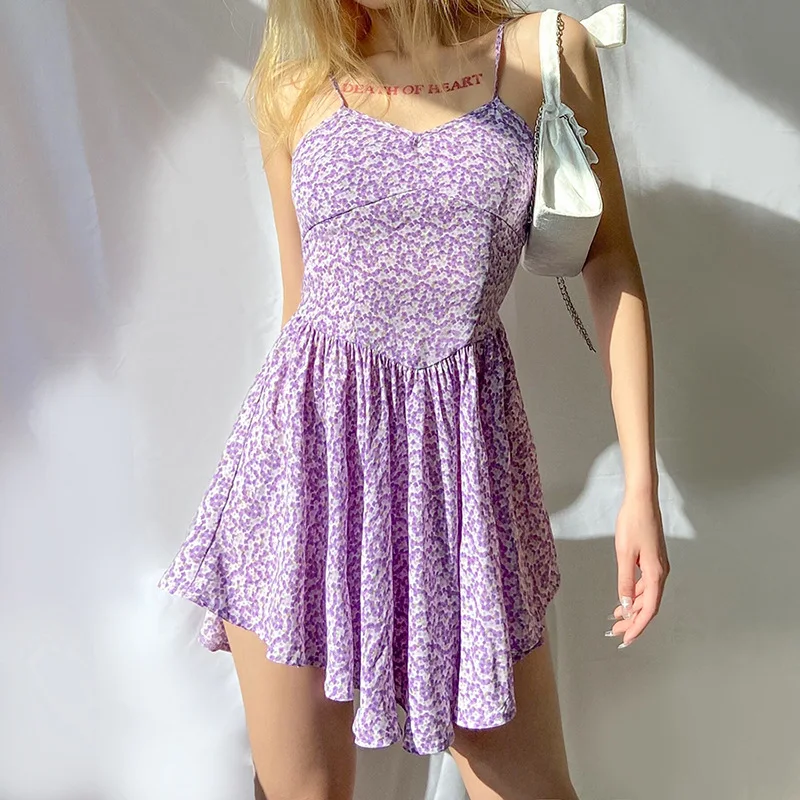 

Summer Dresses Sexy Irregular Sling Dress Fashion Floral Pleated Pattern Vestidos Female Commuter High Waist Streetwear Women