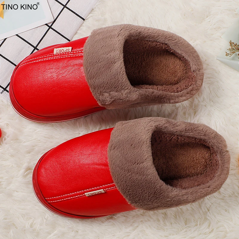 

Winter Warm Women Slippers PU Waterproof Shoes Woman House Soft Slipper Plush Comfortable Flat Floor Female Footwear 2021