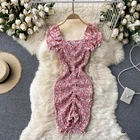 Платье мини YuooMuoo с оборками, облегающее эластичное вечернее, с открытыми плечами и цветочным принтом, в Корейском стиле, на лето