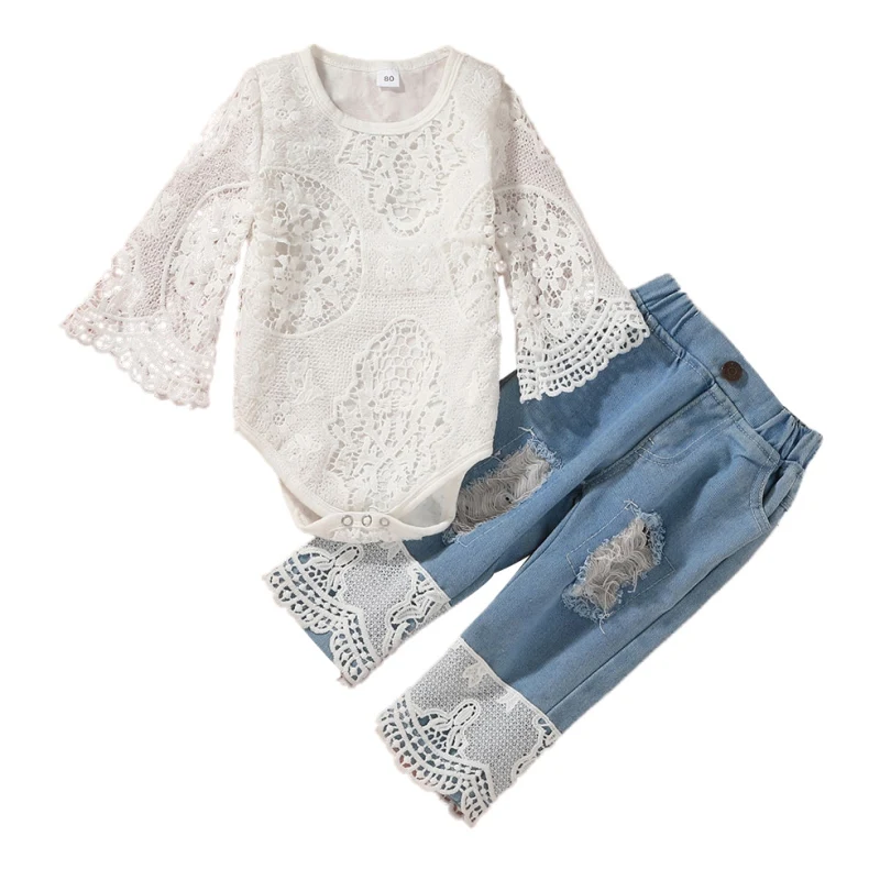

Bobora Baby Girls Off Shoulder Polka Dot Top+Destroyed Ripped Jeans+Headband Clothes Outfit Set