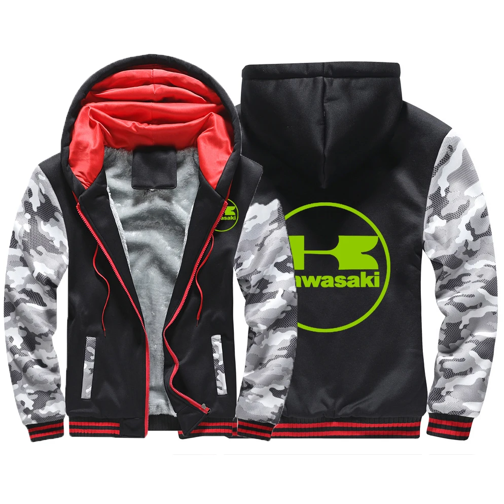 

2021Kawasaki printing Hoodies New Male Plus Velvet Thickening Casual Sweatshirt Zipper Jacket Male Outerwear Winter Coats