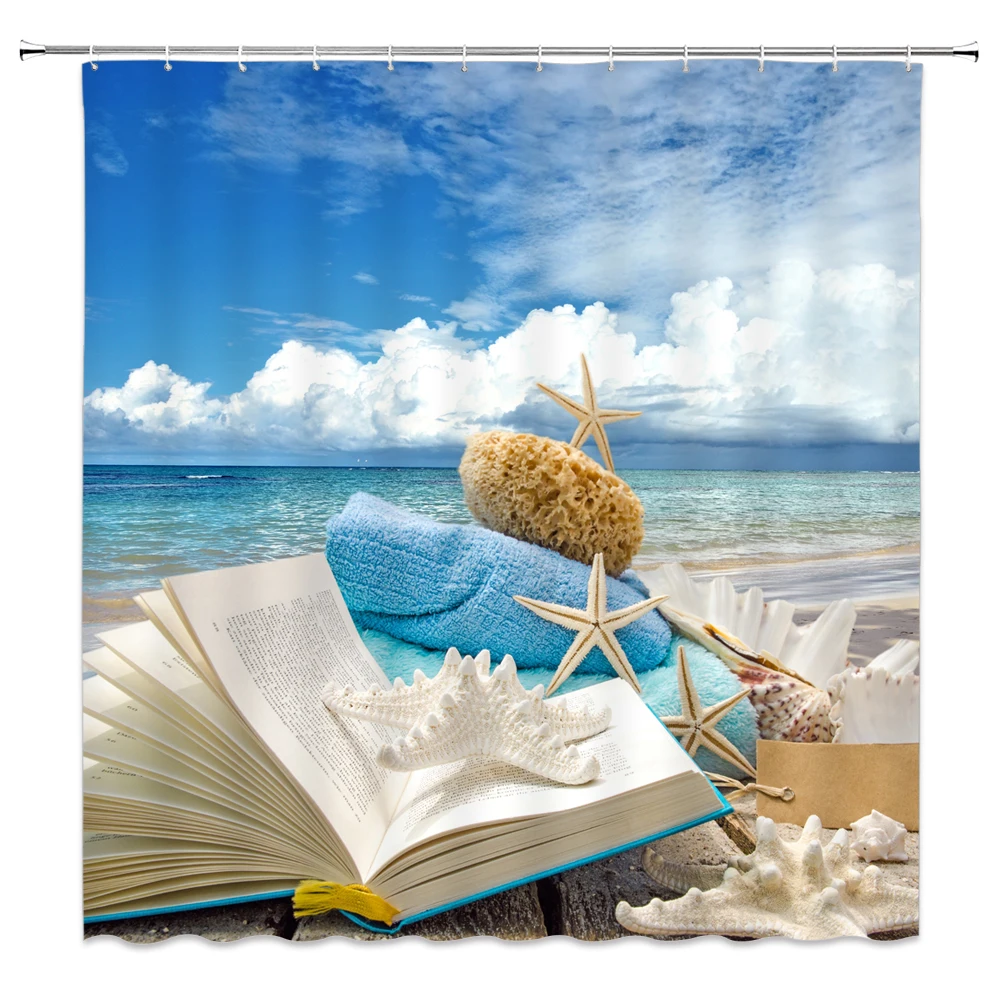 Seaside Scenic Beach Shells Shower Curtains Bathroom Curtain Frabic Waterproof Polyester Bath for 180x180cm | Дом и сад