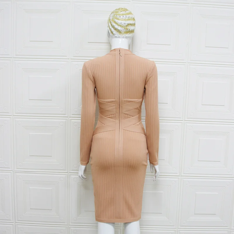 High Quality Khaki Long Sleeve Knee Length Rayon Bandage Dress Sexy Evening Party Bodycon | Женская одежда
