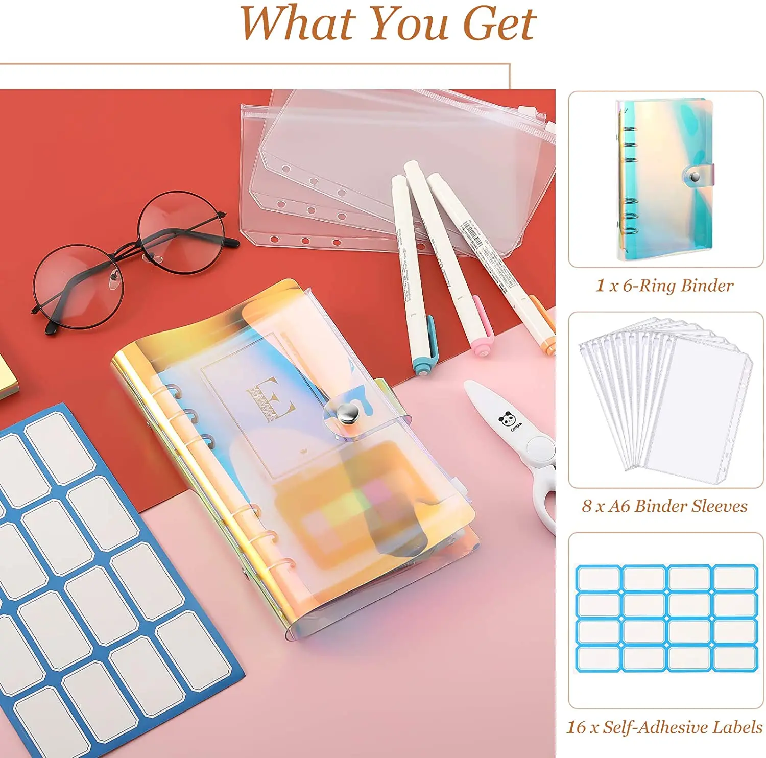 

A6 Clear Soft PVC Notebook Binder Cover Planner 6-Ring Loose-Leaf Folder Cash Budget Envelope System with 8 PCS Zipper Pockets