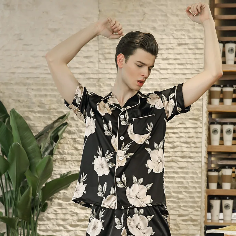 Пижамный комплект Мужской Атласный Шелковый пикантная одежда для сна черные