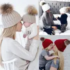 Зимняя шерстяная вязаная шапка для мамы и ребенка, Шапка-бини с помпоном для мам и мальчиков и девочек