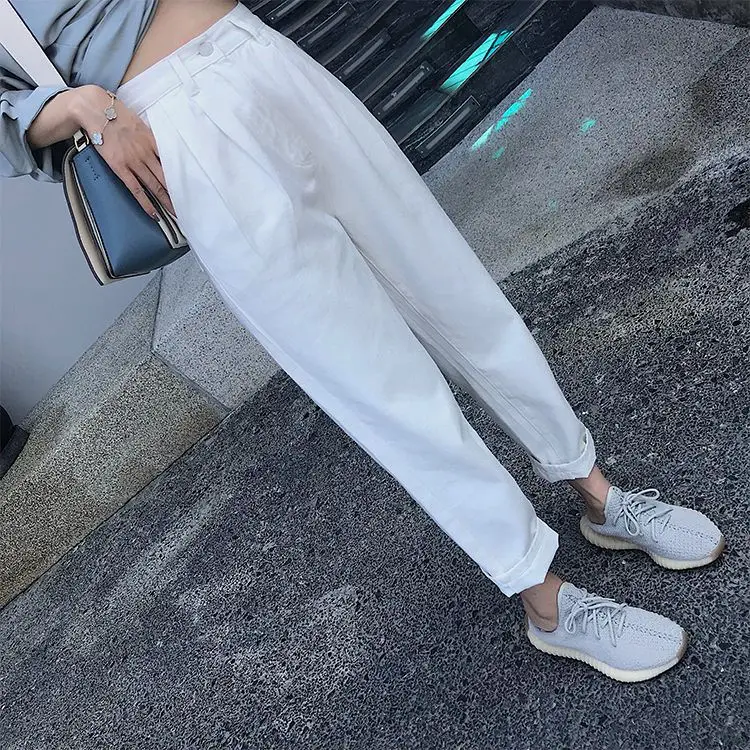 

2021 New Arrival Summer Women All-matched Ankle-length Pants Casual Loose Button Fly Waist Cotton Linen Harem Pants V33