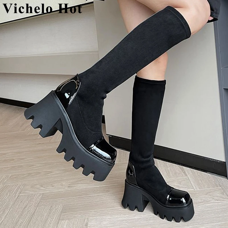 

Vichelo Лидер продаж 2022, британская школьная модель, квадратный носок, платформа, толстый высокий каблук, флоковые удобные высокие сапоги до бедра l11