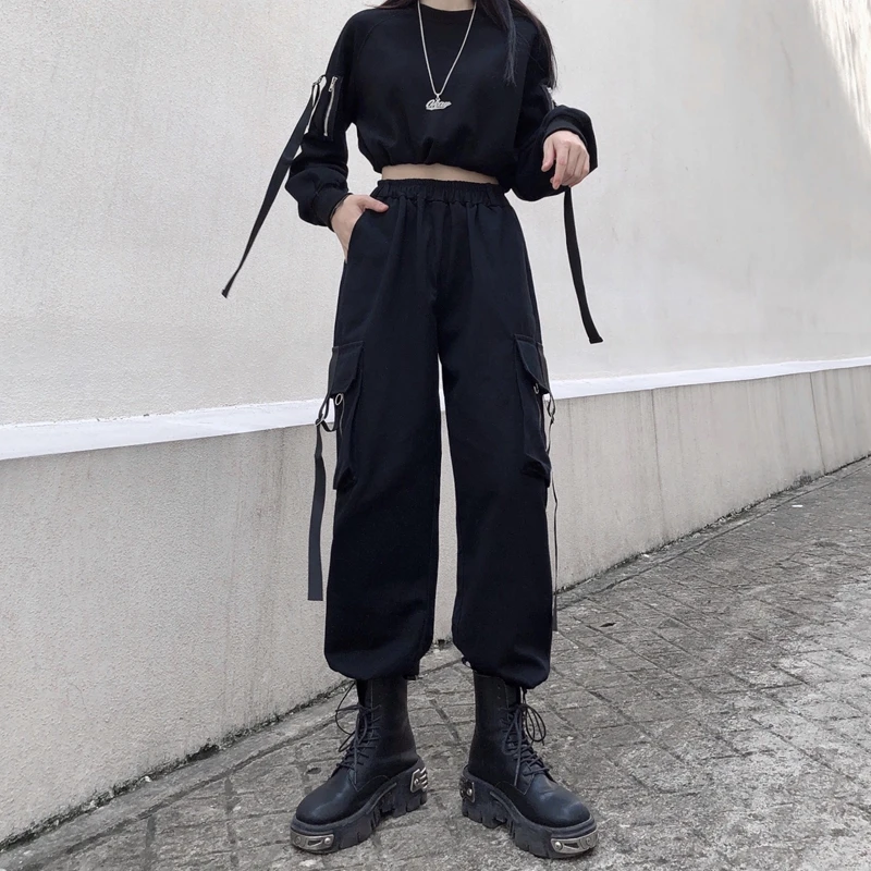 Женские шаровары с боковыми карманами YBYR повседневные Черные Эластичные