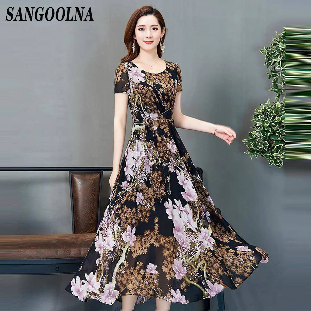 Модное повседневное женское длинное платье с цветочным принтом летнее шифоновое