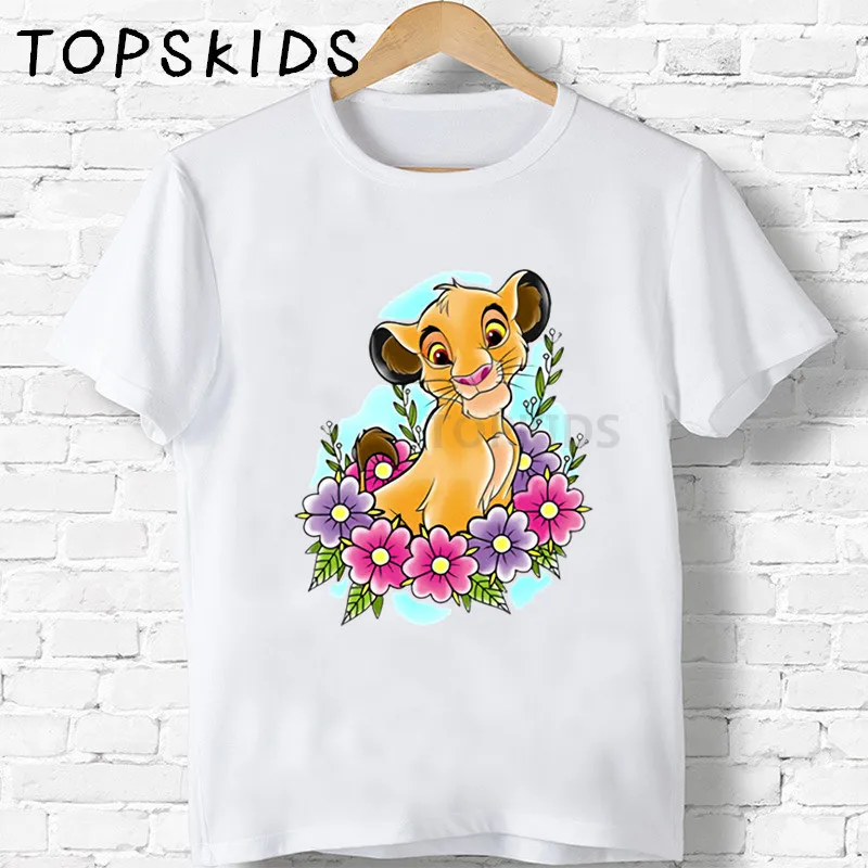Коллекция года, Детская футболка с милым Simba и рисунком льва детская одежда с забавными животными для мальчиков и девочек детская летняя футболка HKP5315 - Цвет: White-L