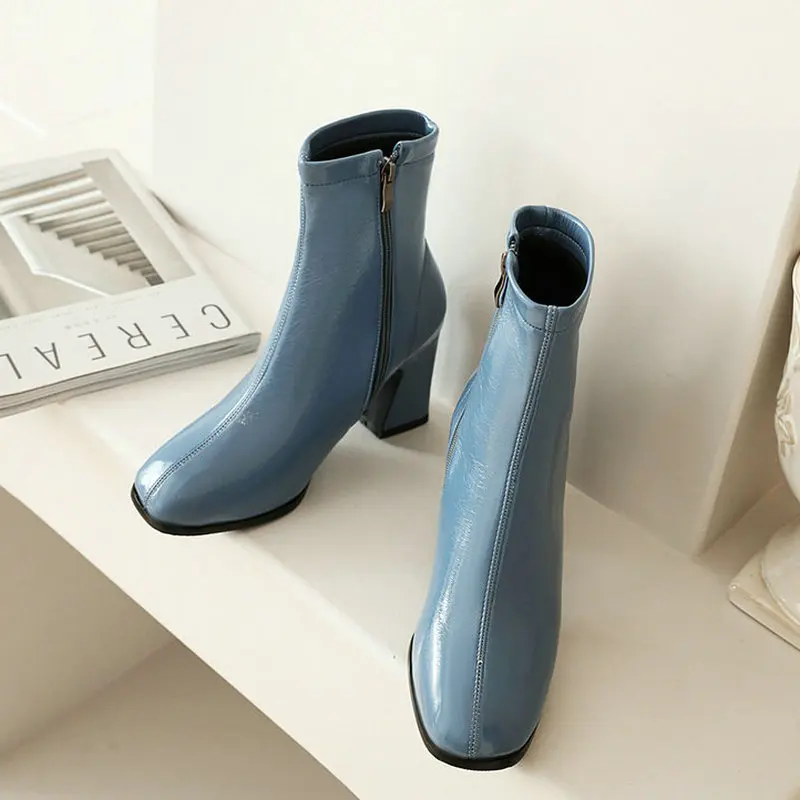 

Женские ботильоны из искусственной кожи, на высоком устойчивом каблуке, с квадратным носком, на молнии, осенне-зимняя обувь, 2020