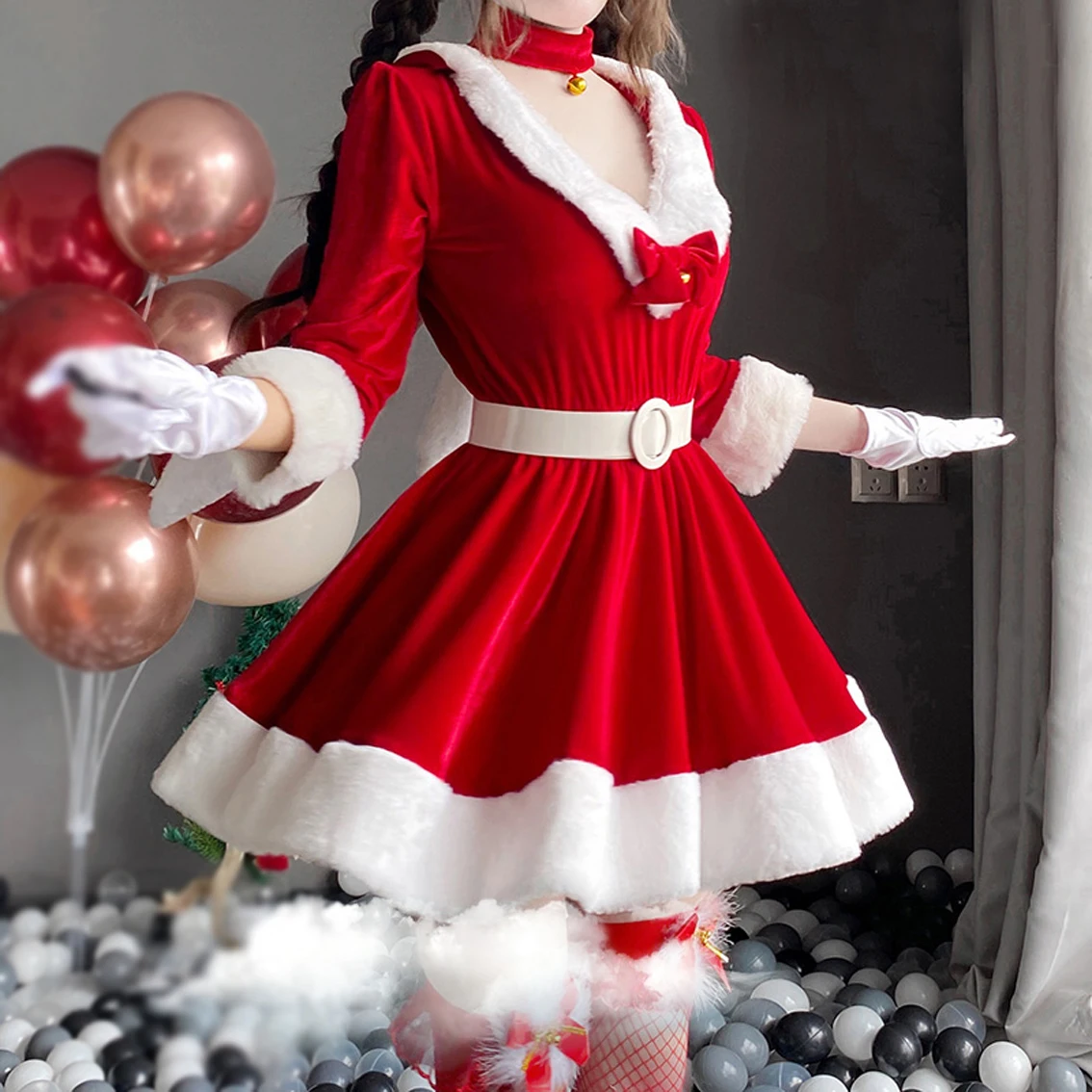 

2021 Women Christmas Lady Santa Costume Sexy Lingerie Winter Long Sleeve Red Dress