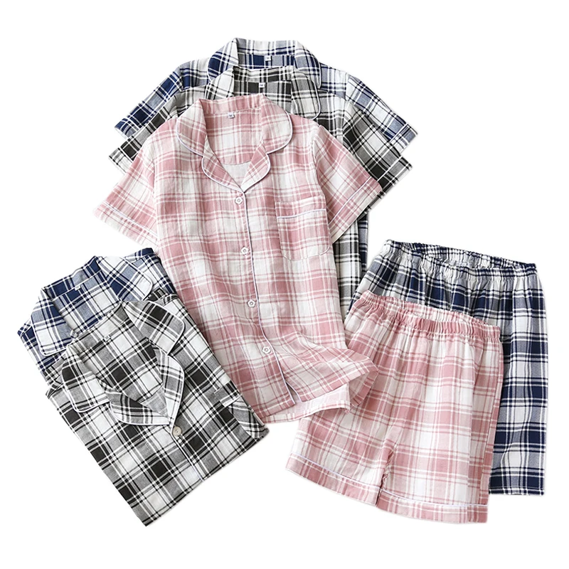 Модные клетчатые короткие пижамы для пар мужчин и женщин летние повседневные