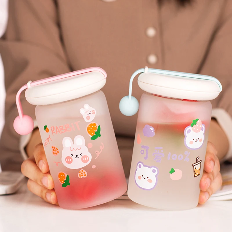

Cute Bears Water Bottle Glass Frosted Sport Travel Portable Drinking Bottle Kawaii Bubble Tea Strawberry Milk Cup For Girls Kids