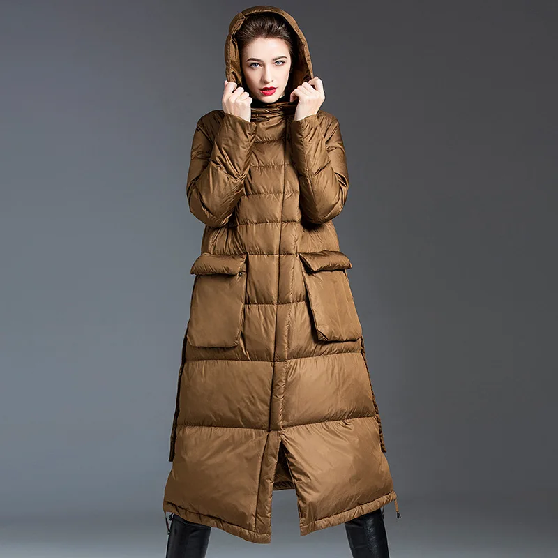 and 2021 New Winter Autumn Solid Warm Leisure Thick Loose Hooded Long Jacket Women Wide-waisted Zipper 90% White Duck Down