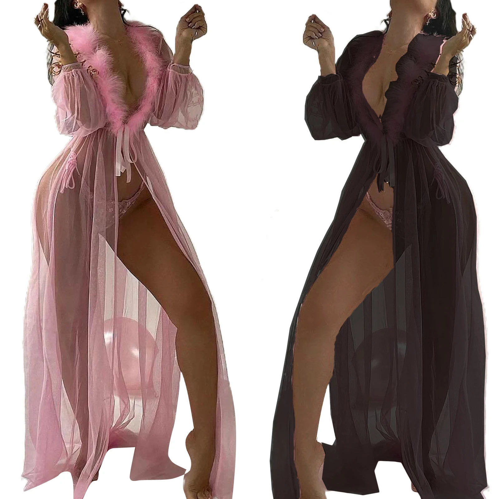 

Women Sexy LingerieAdults See-through Mesh Solid Color Long Sleeve Furry V-neck Sleepwear