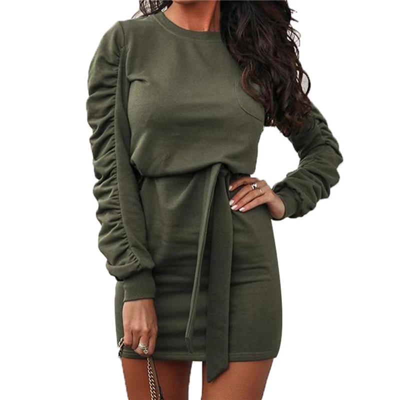 

Autumn Casual Dress Solid Women Round Neck Sashes Dress Long Pleated Sleeve Female Bandage Mini Dress