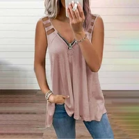 hollow out strap zipper loose vest t shirt women casual streetwear plus size fashion v neck sleeveless tops tee shirts