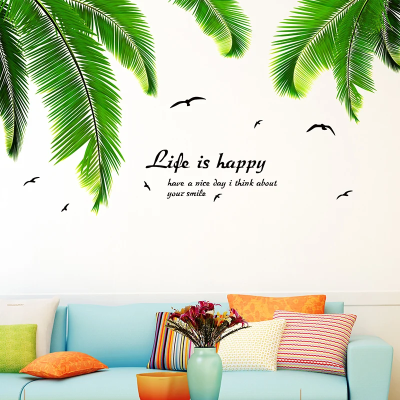 

[shijuekongjian] Green Palm Leaves Wall Stickers DIY Coconut Tree Leaves Mural Decals for Living Room Kitchen House Decoration