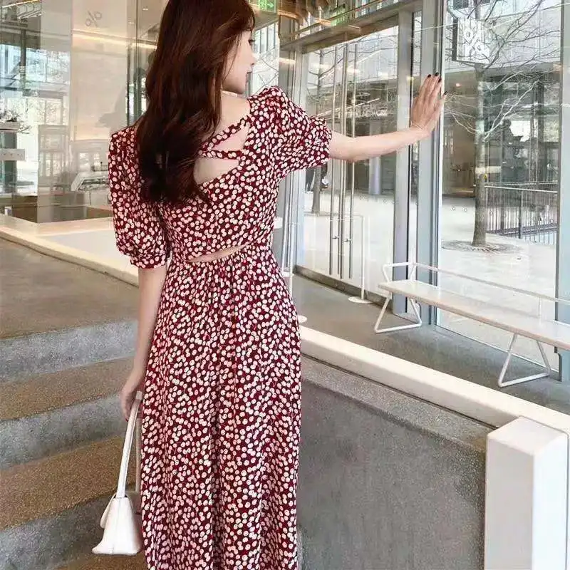 

Women's Summer Vintage Floral Print Chic Dress Spring Elegant Holiday Party Chiffon Beach Dress High Waist Casual Dresses