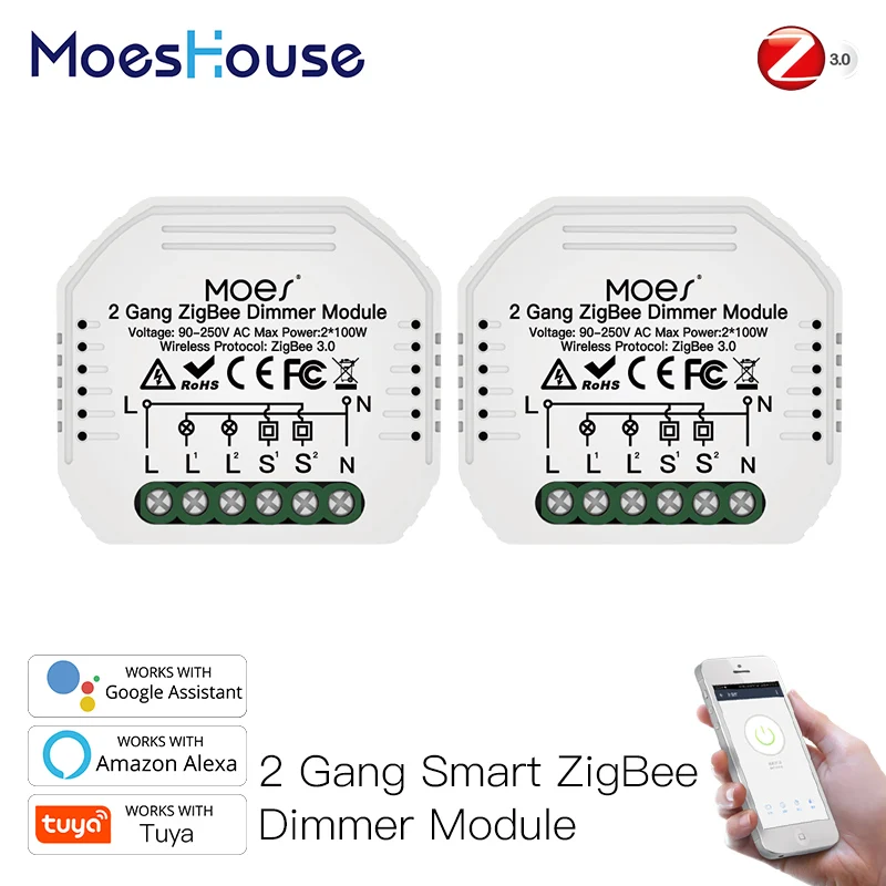 

MoesHouse Mini DIY Tuya ZigBee Smart 2/Gang Light Dimmer Switch Module Hub Required Smart Life Alexa Google Home Voice Control