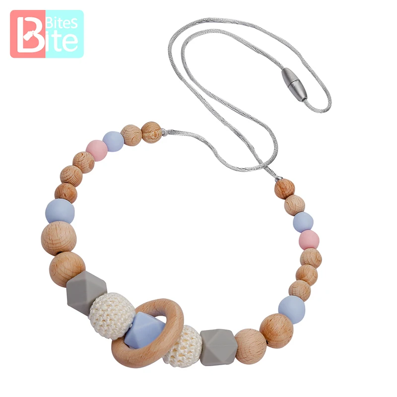 Collar de dentici&oacute;n para beb&eacute;, collar de silicona con anillo de madera, cuentas de grado alimenticio, cadena larga, juguetes de madera, regalo para mordedor para beb&eacute;-0