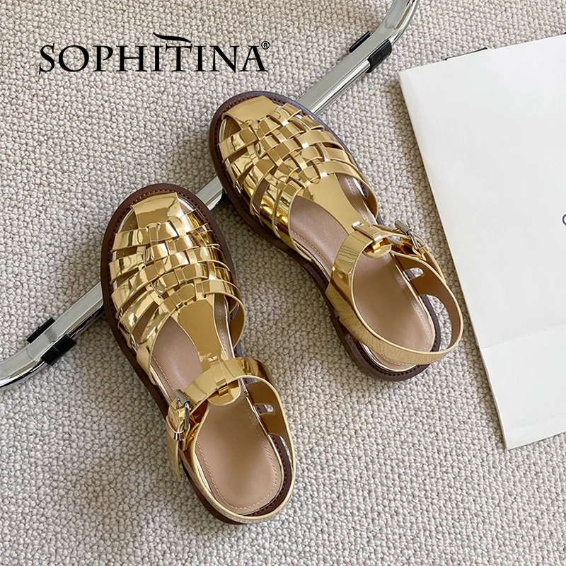 

SOPHITINA Flat Fashionable Women Shoes Summer Stylish Rome New Casual Round Toe Patent Leather Walking Modern Sandals 2021 FO477