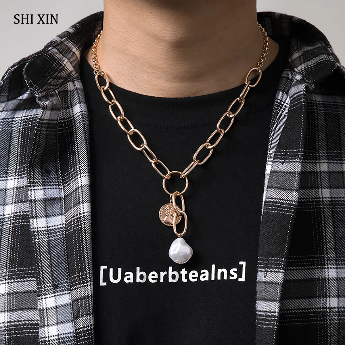 

SHIXIN Hip Hop Thick Link Chain With Coin/Pearl Pendant Necklace Men/Women Punk Gold/Silver Color Chunky Choker Necklace Jewelry