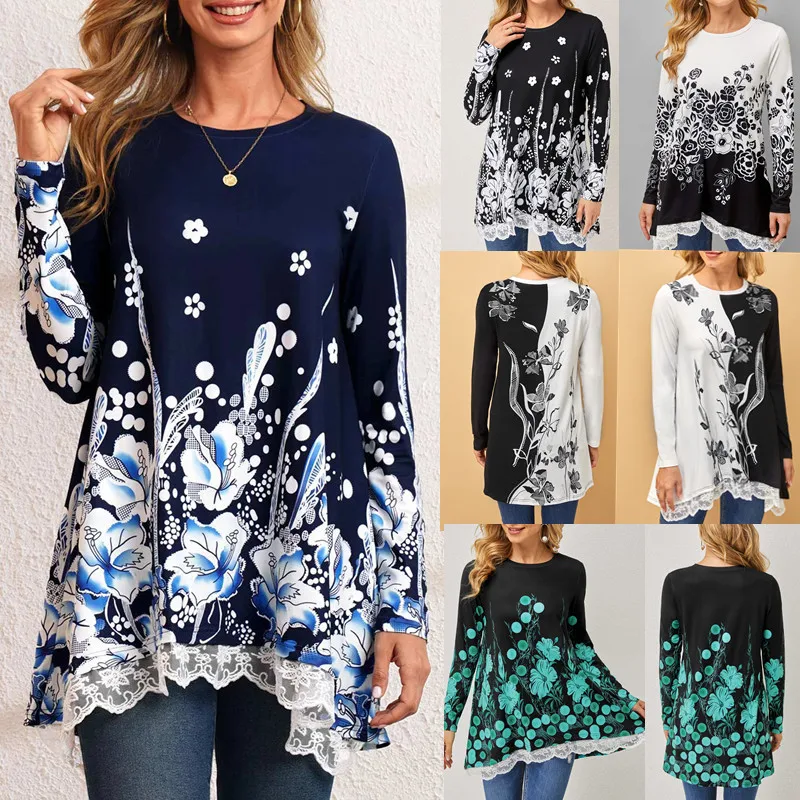 

Women's New Loose Lace Hem Patchwork Top Casual Plus Size T-shirt 2022 Spring Autumn Round Neck Long-sleeved 3D Printed T-shirt