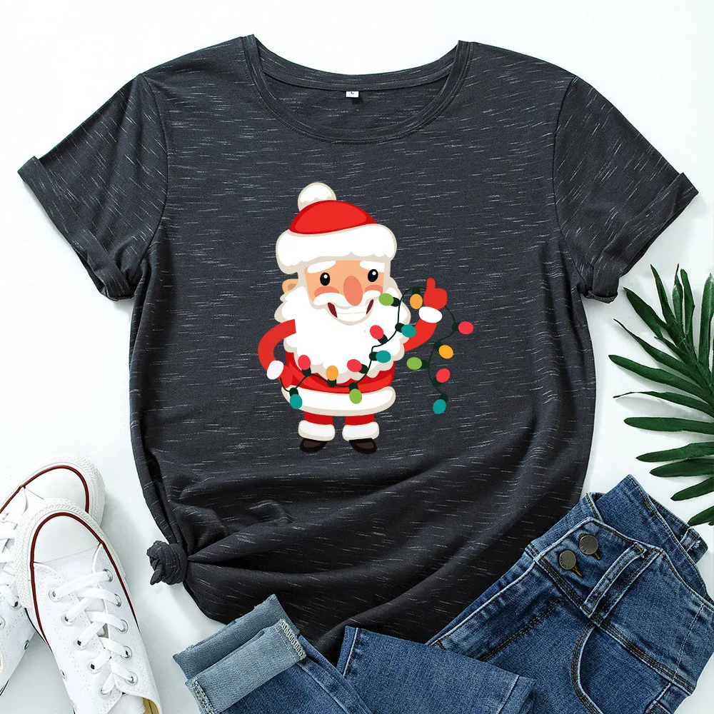 

5XL Plus Size Women's Cotton T Shirt Cartoon Father Christmas Print Short Sleeve Summer Graphic Tshirt Fashion Casual Tee Tops