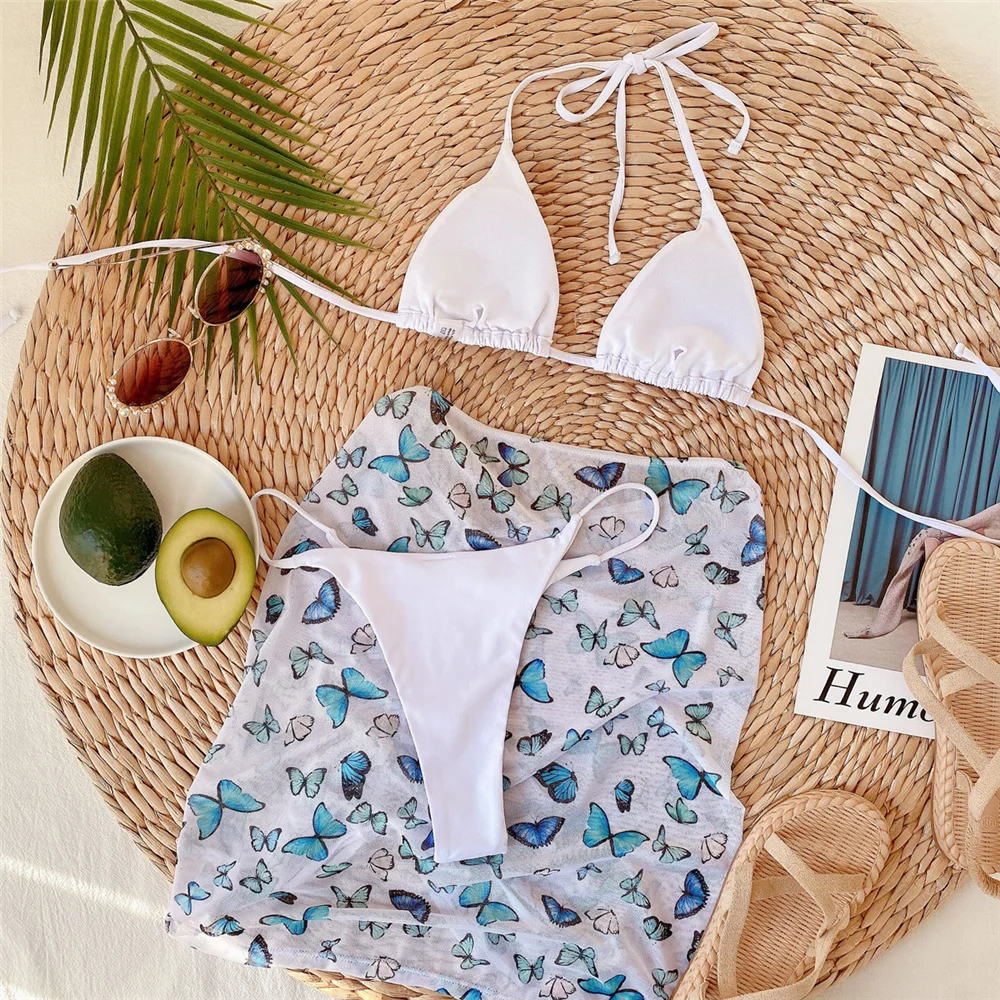 

3pcs Bikini Set 2021 Women Swimwear Brazilian Biquinis Floral Printed Female Swimsuit Thong Beach Wear Dress Swimming Suit Lady
