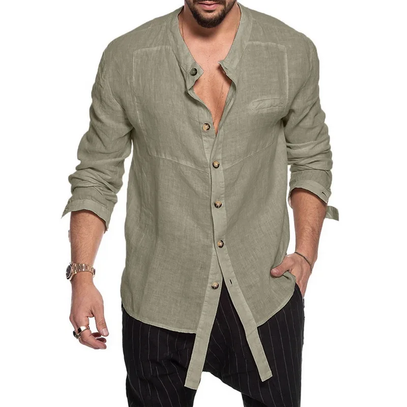 

Hirigin 2020 Chic Men's Casual Shirt Cotton Linen Comfort Shirt Loose Tops Long Sleeve Spring Summer Beach shirt Stand Men Shirt