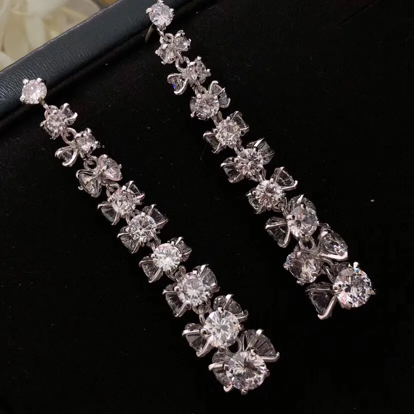 Модные длинные висячие серьги с бантом из циркония ААА цветком S925 для женщин