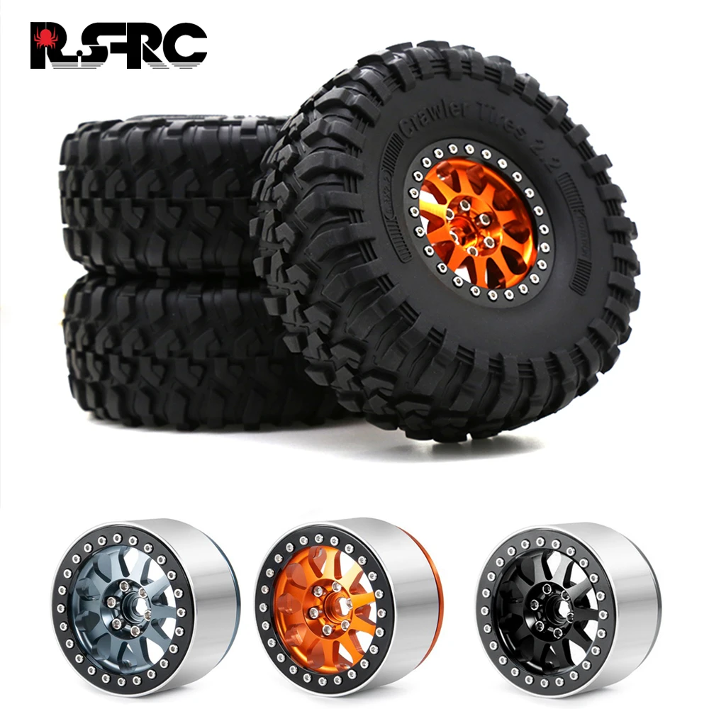 1Set 2.2 Inch Beadlock Wheel Rims & Rubber Tire for 1/10 RC Rock Crawler Axial SCX10 RR10 AX10 Wraith 90048 90018 KM2 D90