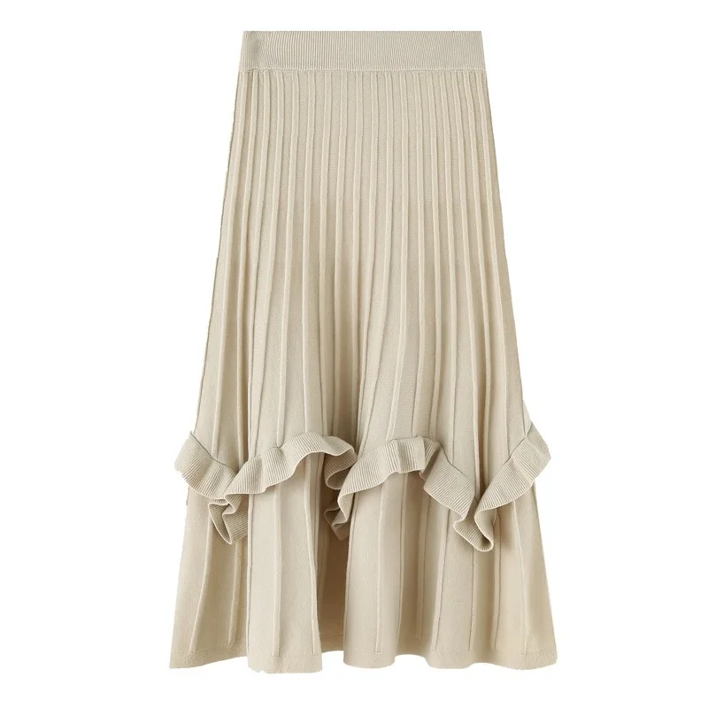 

Women Knitted skirt 2021 new High Waist ruffles pleated One step mid-length Autumn and Winter office lady skirt