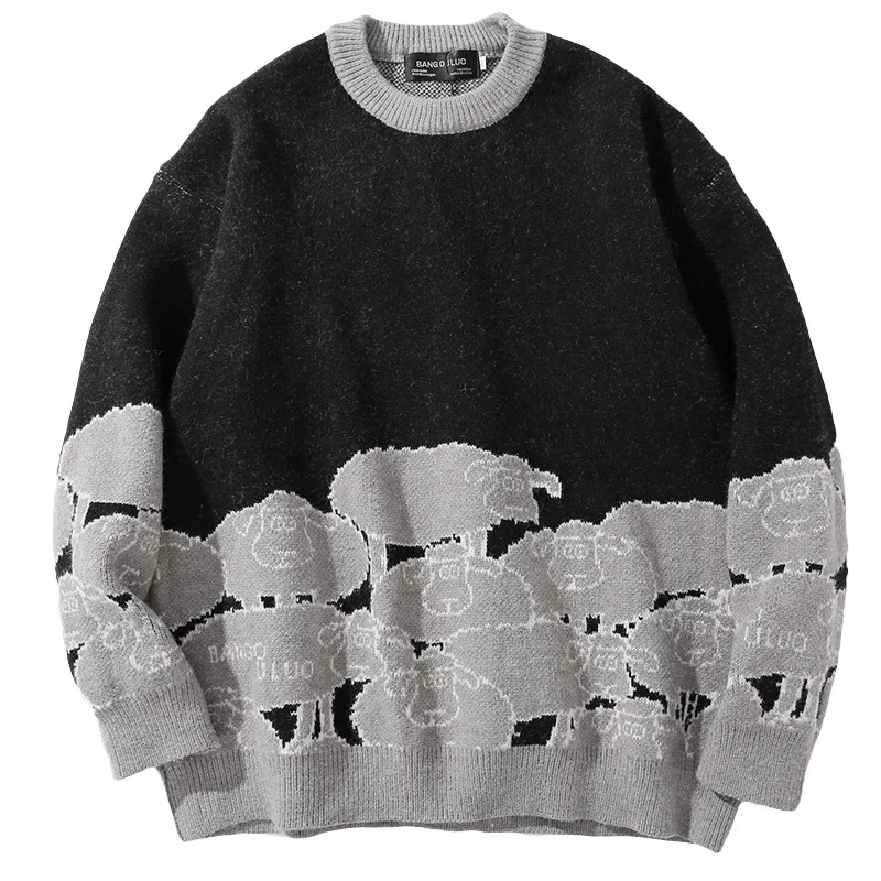 

Japanese retro Sweater Men Jumpers Knitted Harajuku Sheep pattern Streetwear Men Knitwear Clothing Pullover Oversize Sweaters