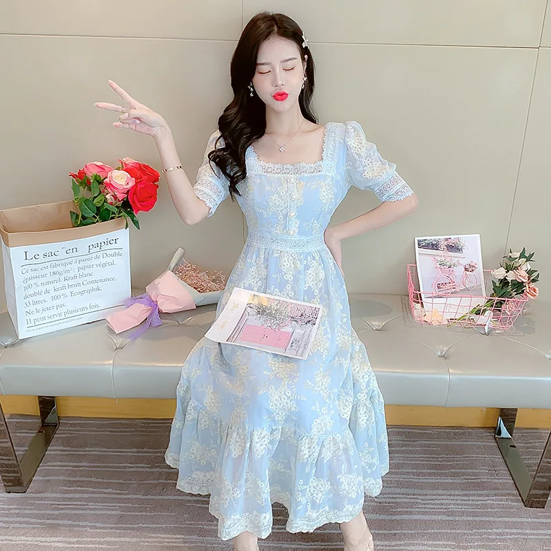 

Small fresh very fairy French celebrity medium length temperament fairy skirt spring and summer gentle waist super fairy lace